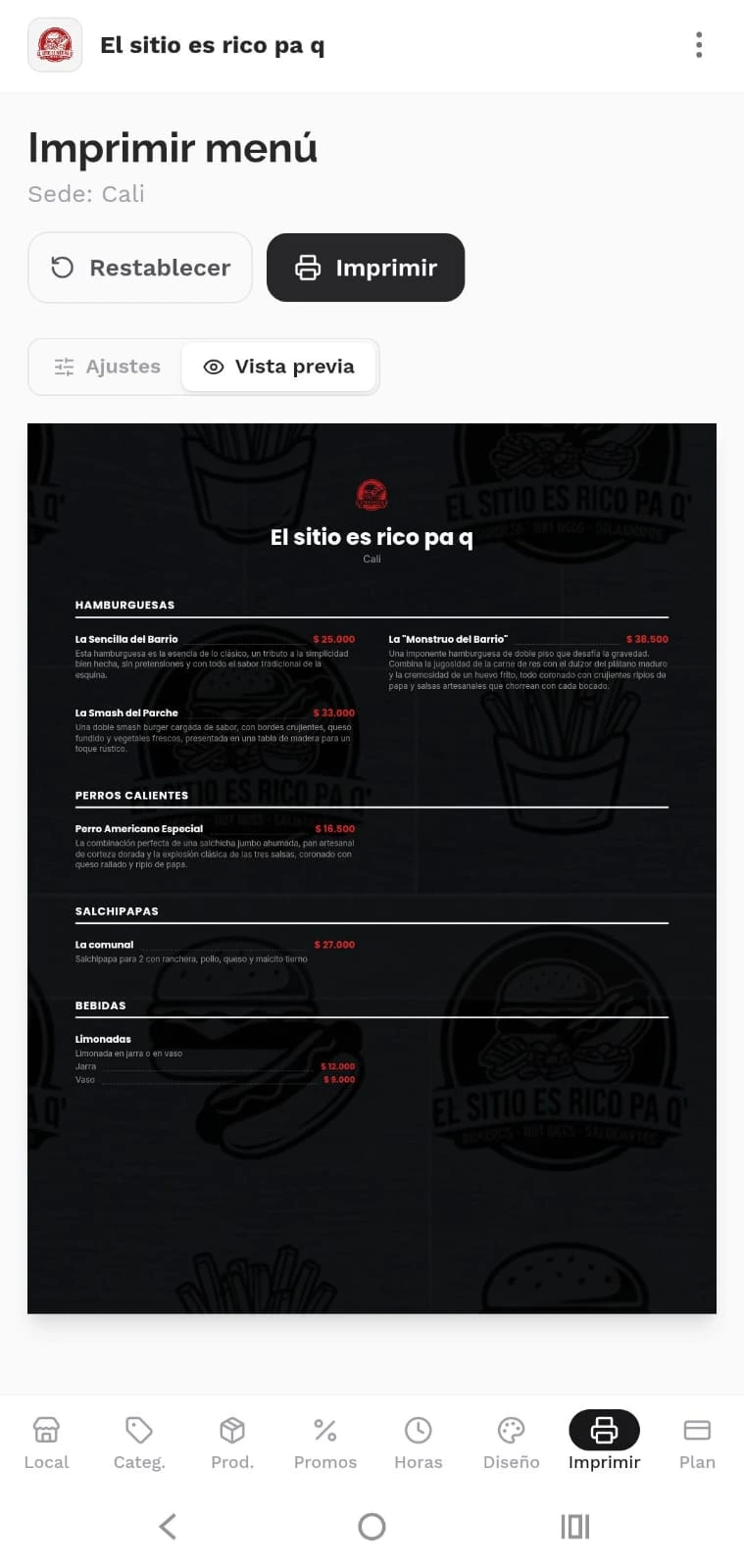 Vista móvil de Menux para previsualizar e imprimir la carta del restaurante